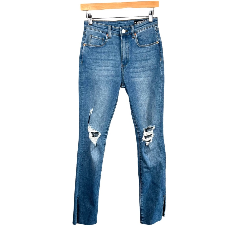 BlankNYC The Lexington Slim Straight Jeans Womens 25 Distressed Raw Split Hem